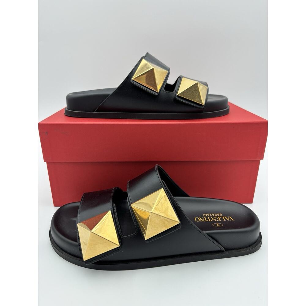Authentic Valentino One Stud Rockstud Two Strap Sandal Black Gold Size 37.5 Dad - Picture 6 of 16